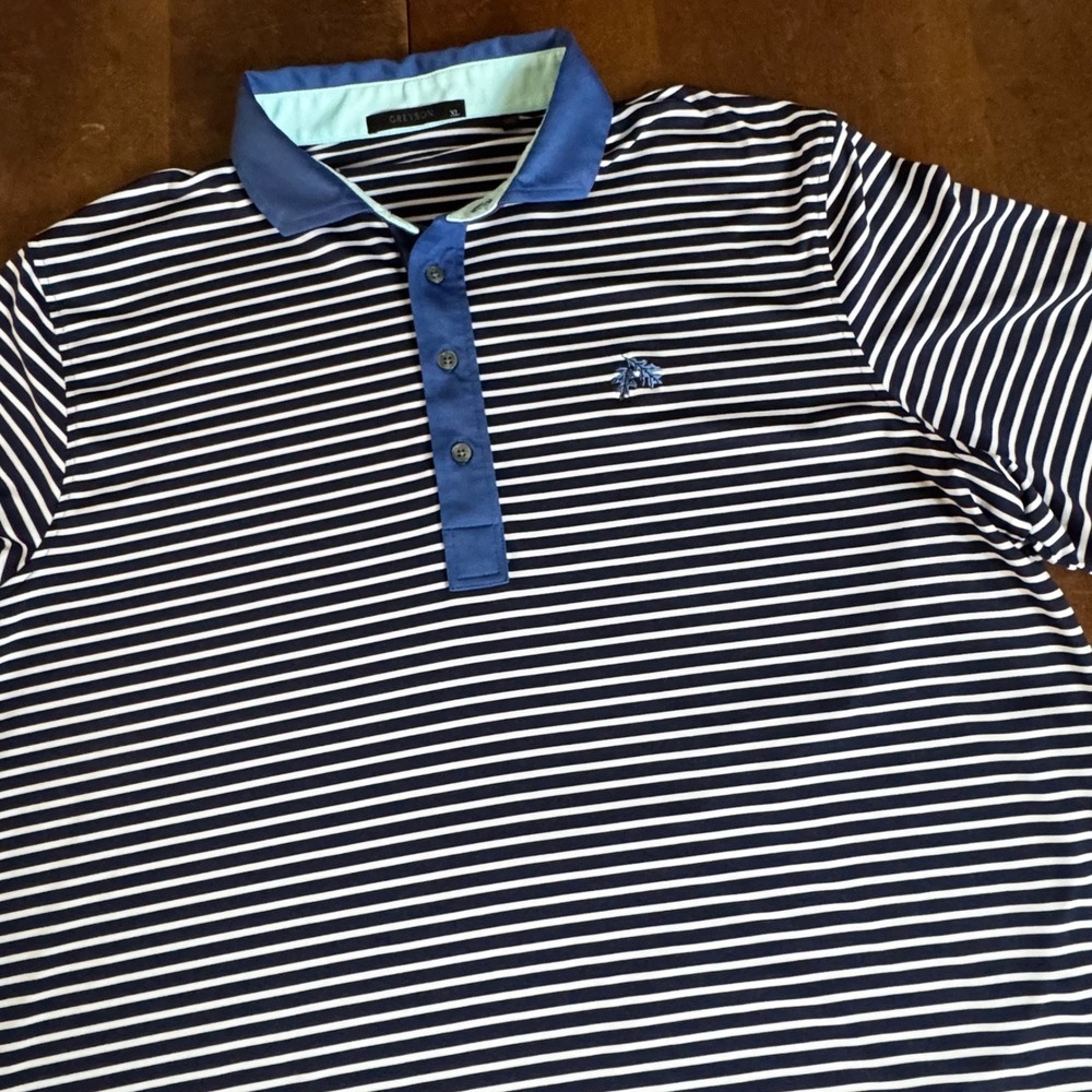 Greyson Polo Shirt Mens XL Navy Blue White Striped Excellent Performance Golf‎